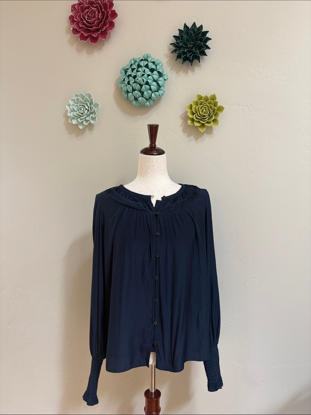 Ramy Brook Navy Isla Button-Front smocked Blouse - Elegant Long Sleeve Top M